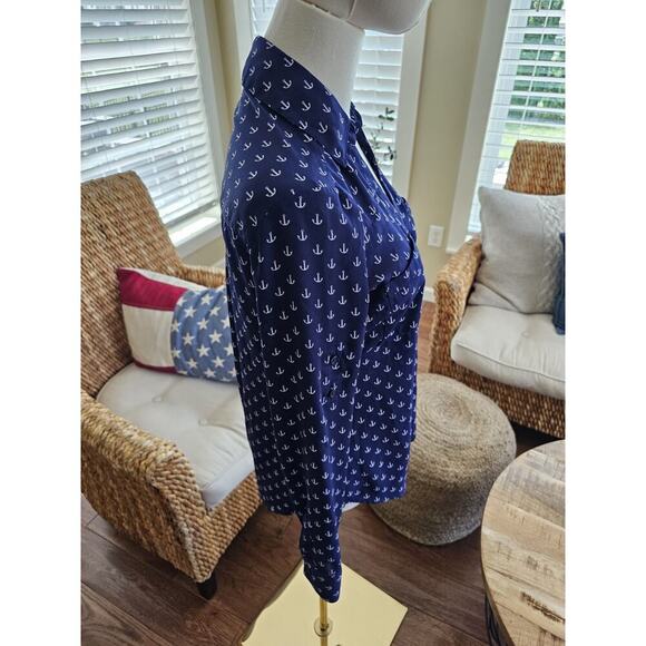 Express The Portofino Shirt Nautical Anchor Print Navy Blue XS Roll Tab Sleeves - Picture 3 of 8